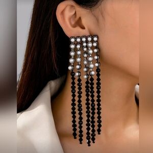 NWT French Style Long Black Beaded Pearl Tassel Dangle Gunmetal Earrings